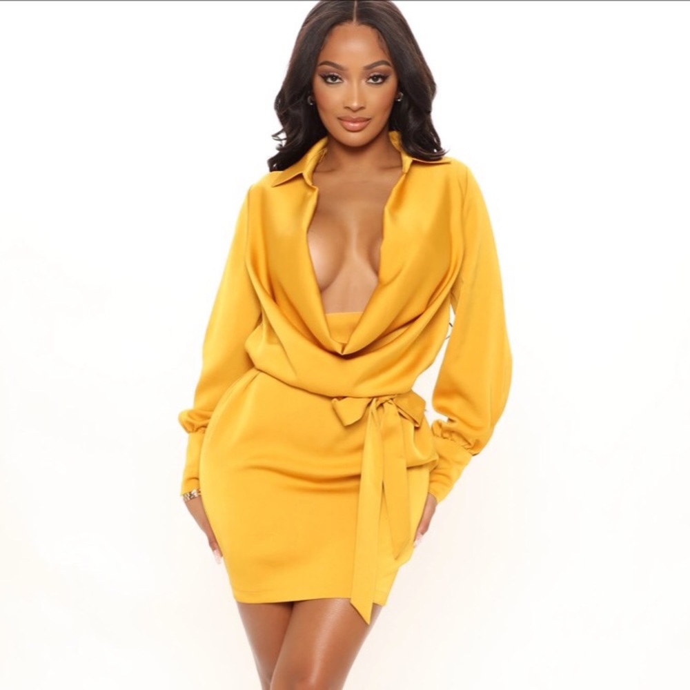 Brand New | Mustard Yellow Satin Mini Dress | with collar and sleeves | size M